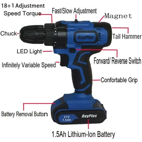 DAY PLUS 21V Akku-Bohrschrauber Mit Hammerkopf Magnet Funktion,1x 1.5Ah Akku,45Nm 18+1 Drehmomentstufen Akku-Bohrer Akkuschrauber 2 Gang 29-tlg Zubehör-Set 6 DAY PLUS 21V Akku-Bohrschrauber Mit Hammerkopf Magnet Funktion,1x 1.5Ah Akku,45Nm 18+1 Drehmomentstufen Akku-Bohrer Akkuschrauber 2 Gang 29-tlg Zubehör-Set – Bild 4