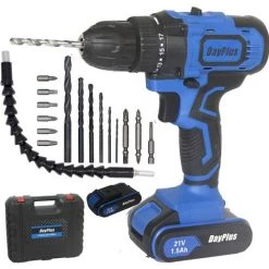 DAY PLUS Akku-Bohrer 21V Akku-Bohrschrauber Mit Hammerkopf Magnet Funktion,2x 1.5Ah Akkus,45Nm 18+1 Drehmomentstufen Akkuschrauber 2 Gang 29-tlg Zubehör-Set