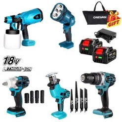 ONEVAN Akku-Farbsprühsystem, Akku-Schlagschrauber Drehschlagschrauber, Elektrische Säbelsäge, Arbeitslampe, Bohrmaschinen 3-in-1, Für 18-V-Akkuwerkzeug – Bohrhammer Mit 2 * Akku + 1 * Tasche