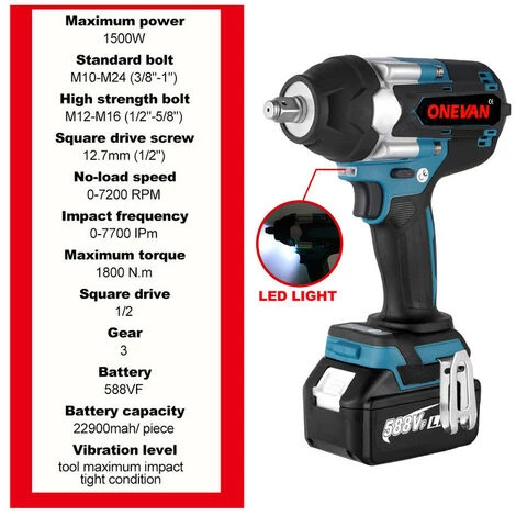ONEVAN Akku-Schlagschrauber, Akku-Drehschlagschrauber 1800N.M Akku-Schlagschrauber Für LKWs 1/2 Zoll Für 18V Makita Akku-Antriebswerkzeug – Mit 2 Akkus 5 ONEVAN Akku-Schlagschrauber, Akku-Drehschlagschrauber 1800N.M Akku-Schlagschrauber Für LKWs 1/2 Zoll Für 18V Makita Akku-Antriebswerkzeug – Mit 2 Akkus – Bild 3