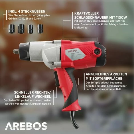 AREBOS Elektro Schlagschrauber Schrauber Mit Koffer 1010 W Netzbetrieb 450 Nm - Rot 5 AREBOS Elektro Schlagschrauber Schrauber Mit Koffer 1010 W Netzbetrieb 450 Nm - Rot – Bild 3